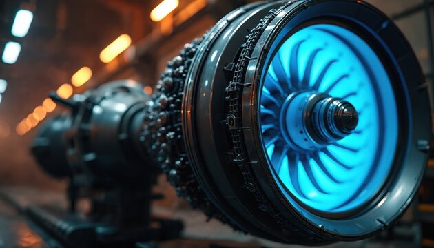 Close up of futuristic jet engine turbine with blue glowing light. Industrial background, mechanical detail, complex machinery. Advanced engineering, future tech concept.
