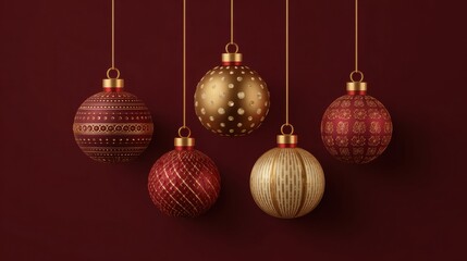 Hanging Red and Gold Christmas Ornaments with Intricate Patterns on Deep Burgundy Background in Festive Decorative Composition