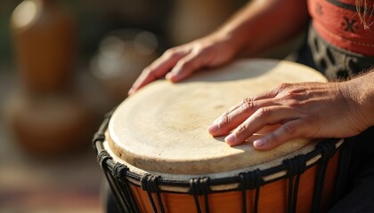 Hands play djembe drum, creating natural sound and beat. Close up on textured skin head, wooden body, and rope binding. Percussion instrument for rhythm and cultural performance.