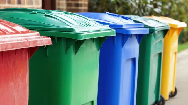 Colorful outdoor recycling waste bin row with vivid lids and tidy wheelie container curbside