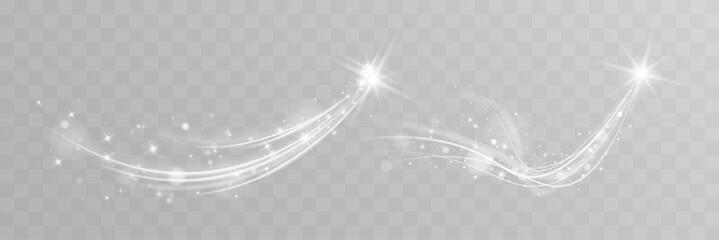 White glowing shooting star light trail with sparkles on transparent dark background. © NAUM