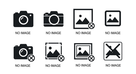 A set of black "no image available" placeholder icons, including camera symbols and crossed-out picture frames for web design.