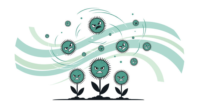 Illustration of angry green pollen or virus characters as flowers being blown by the wind, representing allergies or illness.