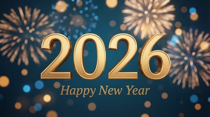 Happy New Year 2026 Celebration with Golden Numbers, Fireworks, and Bokeh Lights on Dark Blue Background