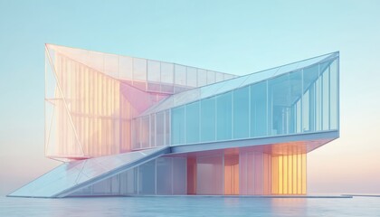Modern abstract building with geometric glass panels, striking angles reflects soft sky colors. Architectural design features translucent walls with interior illumination creating futuristic, airy