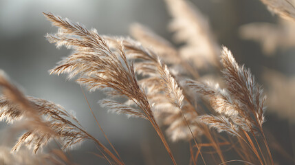 Close up of feathery, backlit wild grasses swaying gently in the soft morning sunlight against a muted background creating a serene mood