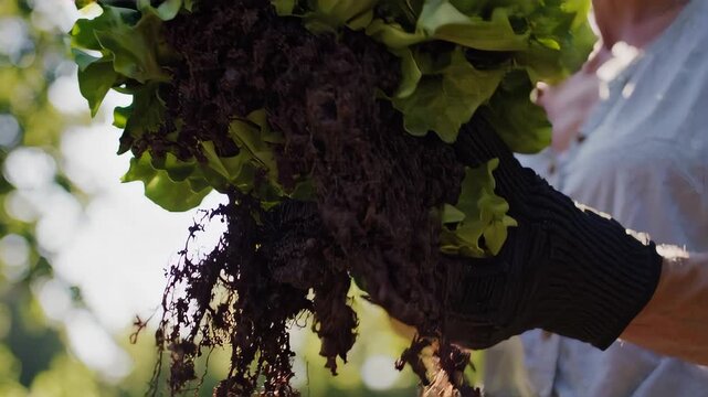 Close-up of a man harvesting fresh green lettuce with soil roots in his hands, wearing gardening gloves, smiling woman blurred in background, organic farm