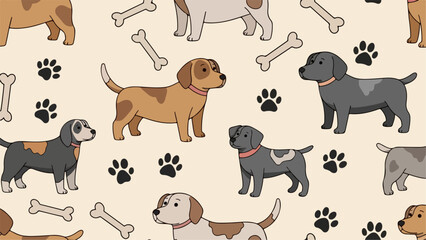 Illustration of various dog breeds standing amidst bones and paw prints on a beige background