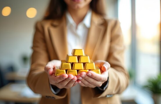 Person in suit holds stack of gold bars. Woman has wealth and riches. Symbol of success and financial gain. Represents investment and precious metal.