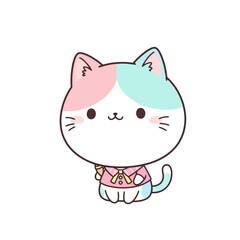Obraz premium Adorable Kawaii Cat Illustration with Pink and Teal Accents