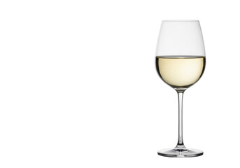 Sleek crystal wine glass, slender stem, half-filled with luminous pale golden white wine, isolated on a seamless transparent studio background, high-key, concept for luxury marketing