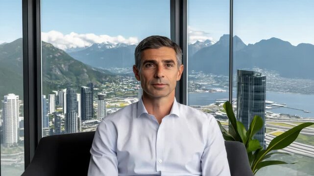 Middle aged businessman man white shirt seated modern office by window with mountain cityscape view