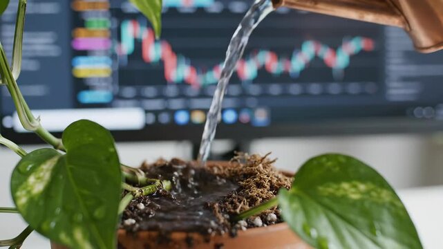 Watering a houseplant with a copper watering can, close up shot.