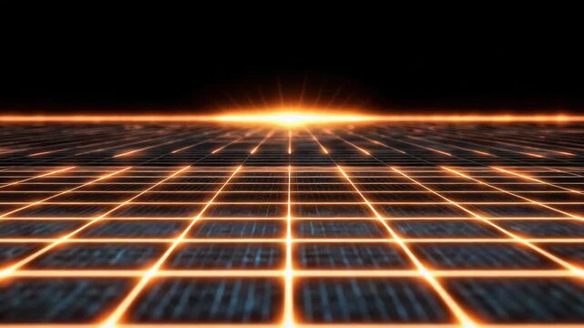 Glowing orange grid floor and horizon with sunrise glow, reflective metallic tiles, futuristic