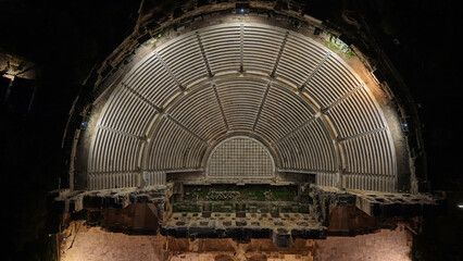 Aerial drone night shot of iconic theatre of Herodus Atticus, Athens historic centre, Attica, Greece