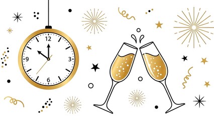 Stylized black and gold illustration features two champagne flutes clinking together at midnight with a decorative clock face surrounded by abstract festive elements symbolizing a joyous new year cele