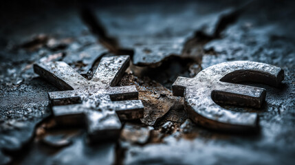 Yen and euro symbols on cracked ground symbolizing financial crisis