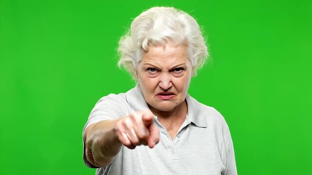 Angry senior woman pointing accusingly with green screen background