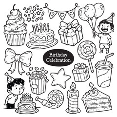 Cute Birthday Celebration Doodle Illustration Art Collection Pack