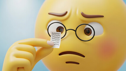 Yellow emoji character with glasses holding receipt, confused expression, blue background, close up, 3d rendering, emoticon with worried face, hand holding paper, digital