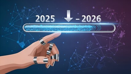 Futuristic Loading Bar Transition from 2025 to 2026 with Hand Interaction
