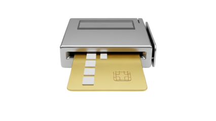 Credit Card Payment Terminal with Gold Card on transparent background