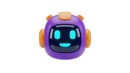 Cute robot head with glowing blue eyes and mouth on transparent background