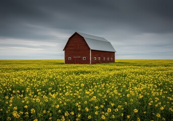 Classic large wooden red barn structure standing proudly amidst a vast, vibrant carpet of bright yellow blooming spring wildflowers ,peaceful, structure, architecture
