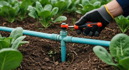 Fixing a leaky irrigation pipe junction in a vibrant vegetable patch. Maintenance blending two essential skills, labor, nature, system