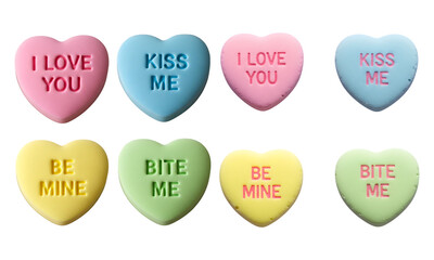 Valentine conversation heart set with romantic messages isolated on transparent background