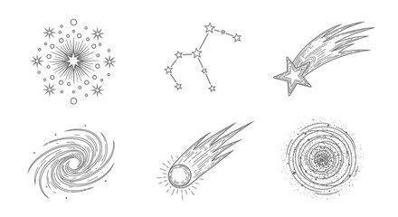 Cosmic celestial bodies and astronomical phenomena line art icons