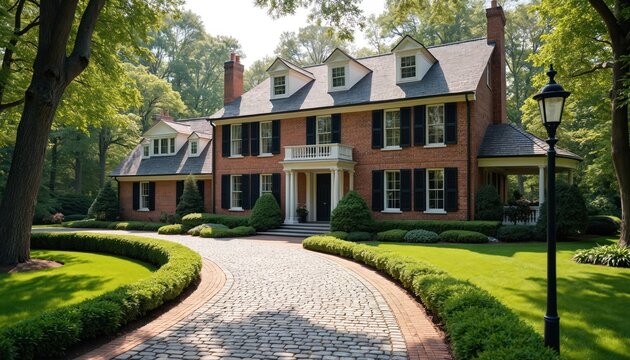 Elegant brick house with manicured lawn and curved cobblestone driveway. Rich green trees surround large two-story home. Classic architecture, spacious yard, inviting entrance.