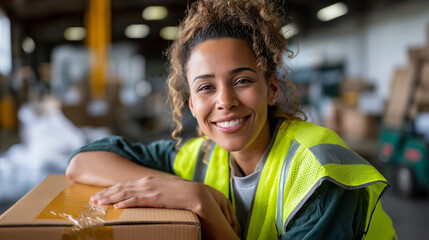 African American woman in neon safety vest leaning on cardboard box, warehouse logistics, distribution worker, industrial facility, defocused background , with copy space