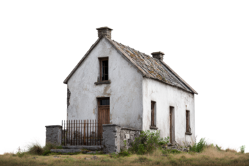 Old white stone cottage with weathered roof and wooden door house, Isolated On White Background, Png Transparent