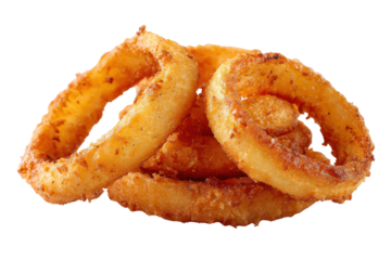 Pile of golden brown crispy fried onion rings on black background image, Isolated On White Background, Png Transparent
