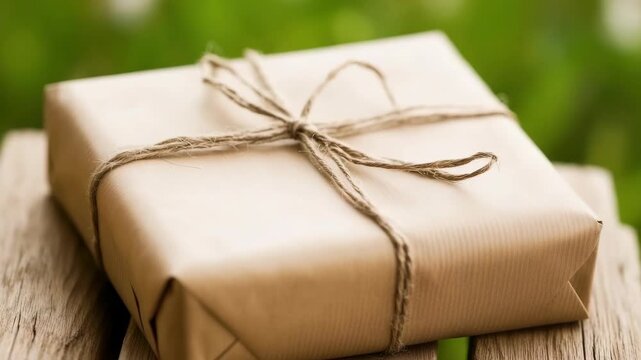 Rustic brown parcel gift wrapped in kraft paper with twine bow on wooden bench cozy outdoor scene