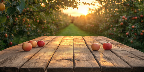 Fresh red apples placed on rustic wooden table with apple orchard background under warm sunrise light, perfect for food advertising, wellness branding, organic product packaging