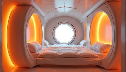Futuristic sleeping pods with orange glow and minimalist beds. Modern capsule hotel offers cozy private rooms for travelers. Space saving accommodation with unique design.