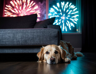 Emotional photography of a small frightened dog hiding under a sofa in a dark room during fireworks.