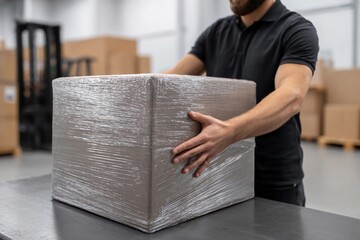 Worker wraps a package in a warehouse setting