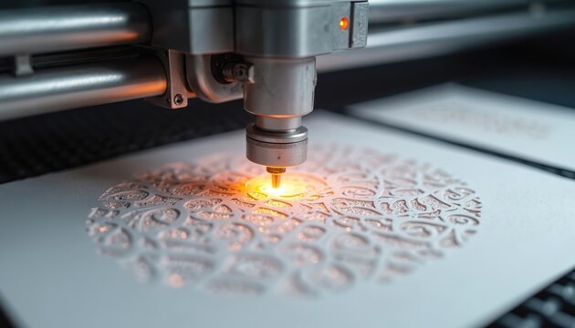 Laser engraver etches fine pattern onto paper. Precision machine creates detailed design, crafting intricate artwork with light beam. Modern tech forms delicate shapes for crafts.