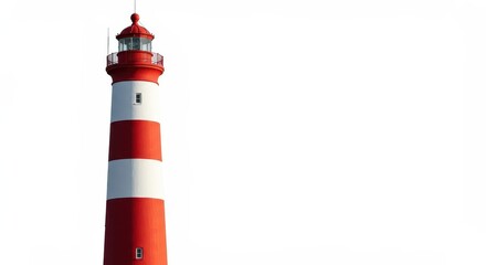 A tall white and red striped lighthouse standing firmly against a clean, brilliant white background, symbolizing guidance and nautical safety at sea ,beacon ,light ,isolated