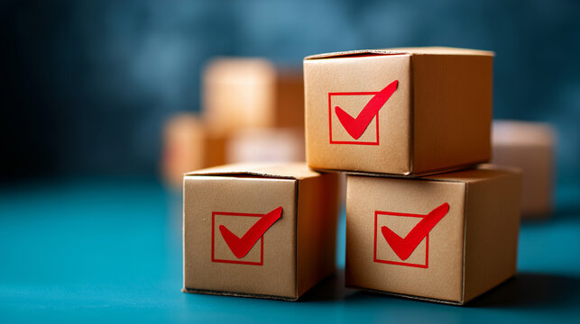 Stack of three cardboard boxes with red checkmarks, efficient logistics, successful order fulfillment, warehouse operations, quality control , with copy space