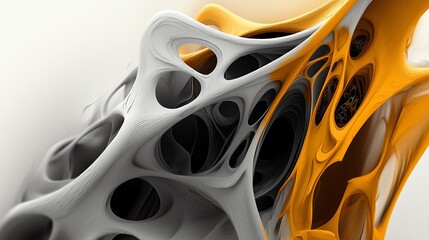 Abstract Organic Forms Gray and Yellow Interwoven Structure with Intricate Hollows.