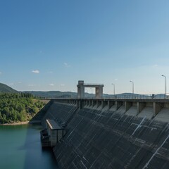 Large concrete reservoir dam wall viewed from the base, showing the massive scale of the engineering feat necessary for water management and resource control ,supply ,reservoir ,infrastructure