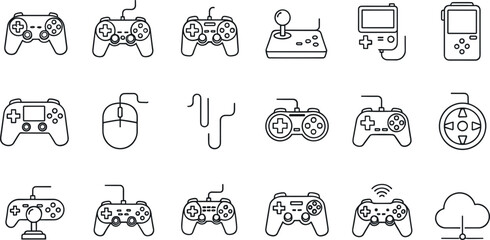 Minimal gaming controller and video game device icon set featuring gamepads joystick console handheld and wireless play symbols in clean outline vector style © MstNazma