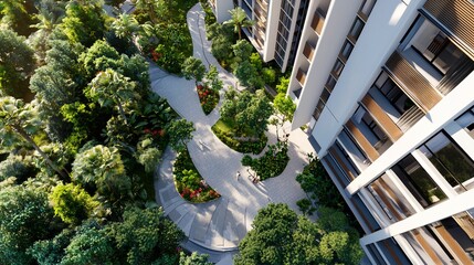 Aerial View Modern Building with Lush Greenery and Winding Walkways.