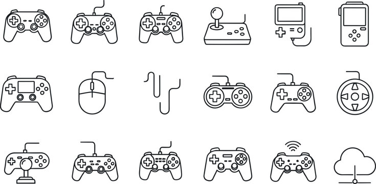 Minimal gaming controller and video game device icon set featuring gamepads joystick console handheld and wireless play symbols in clean outline vector style