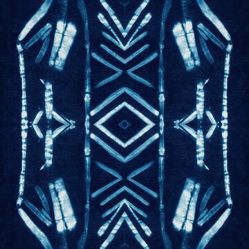Intricate African textile texture featuring deep indigo blue dye and traditional geometric patterns created using the unique resist dyeing technique ,vibrant, organic, handmade