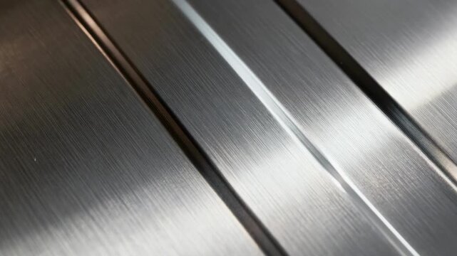 Closeup of brushed steel surface showing fine linear texture and reflective finish highlighting custom industrial metal treatment with modern appeal.